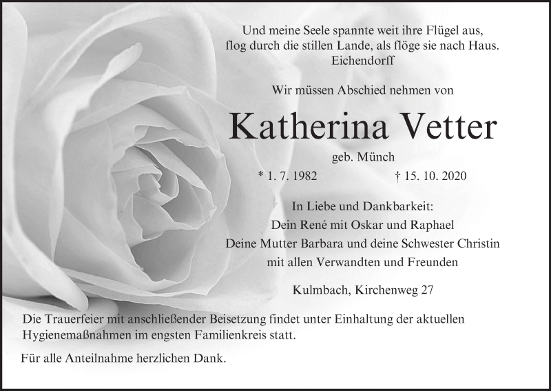  Traueranzeige für Katherina Vetter vom 21.10.2020 aus MGO