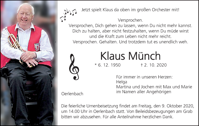  Traueranzeige für Klaus Münch vom 07.10.2020 aus MGO