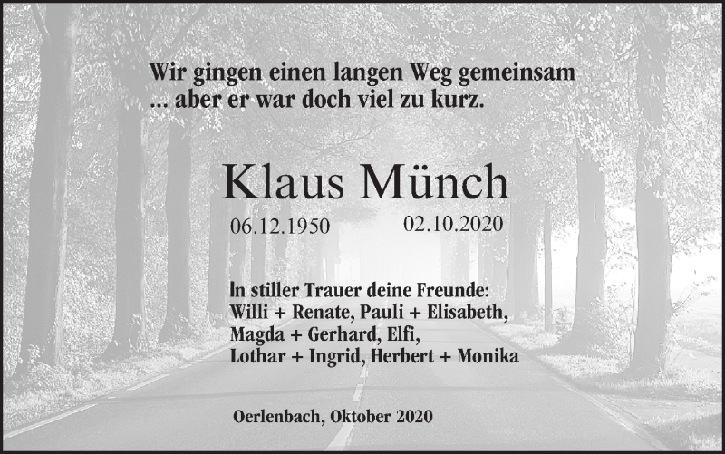  Traueranzeige für Klaus Münch vom 08.10.2020 aus MGO