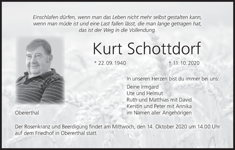  Traueranzeige für Kurt Schottdorf vom 13.10.2020 aus MGO
