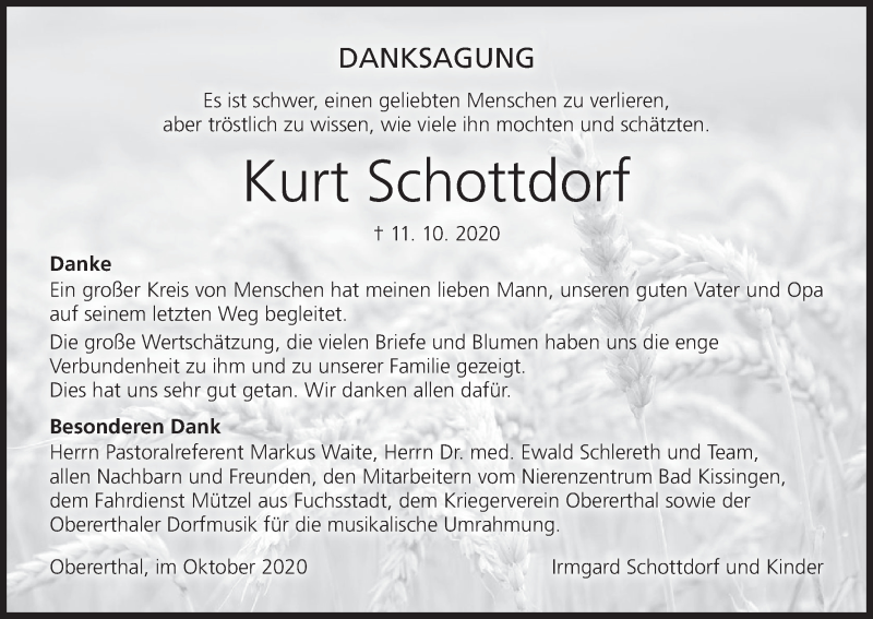  Traueranzeige für Kurt Schottdorf vom 24.10.2020 aus MGO