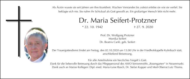  Traueranzeige für Maria Seifert-Protzner vom 02.10.2020 aus MGO