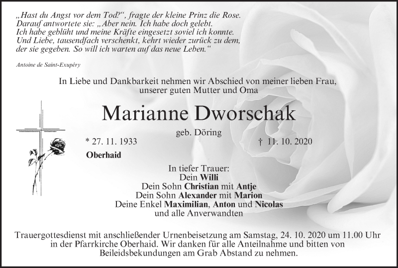  Traueranzeige für Marianne Dworschak vom 17.10.2020 aus MGO