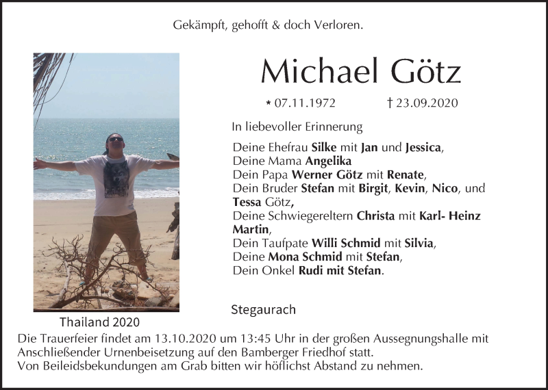  Traueranzeige für Michael Götz vom 10.10.2020 aus MGO