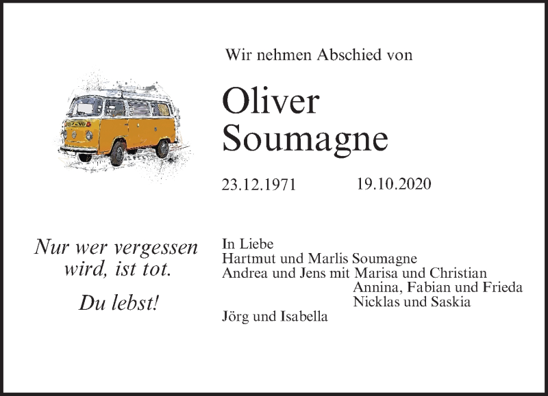  Traueranzeige für Oliver Soumagne vom 24.10.2020 aus MGO