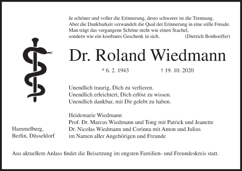 Traueranzeige für Roland Wiedmann vom 24.10.2020 aus MGO