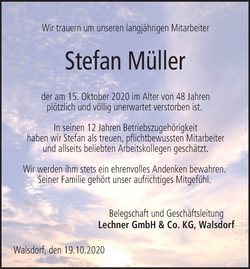  Traueranzeige für Stefan Müller vom 20.10.2020 aus MGO
