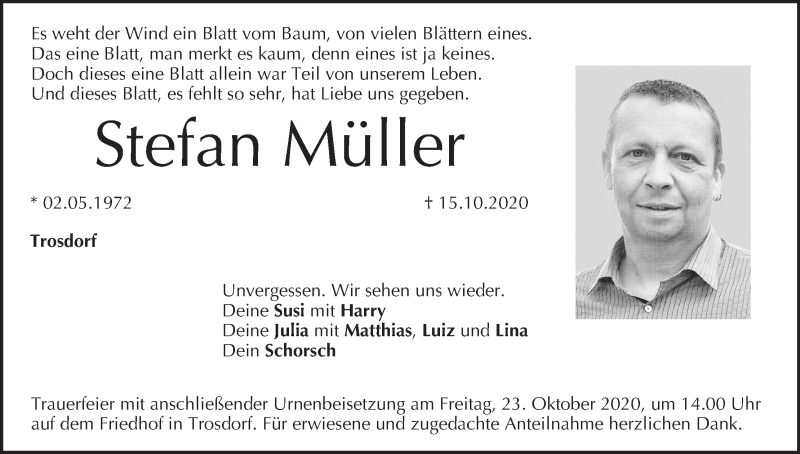  Traueranzeige für Stefan Müller vom 17.10.2020 aus MGO