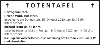 Anzeige von Totentafel vom 13.10.2020 von MGO