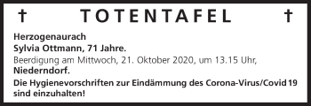 Anzeige von Totentafel vom 20.10.2020 von MGO