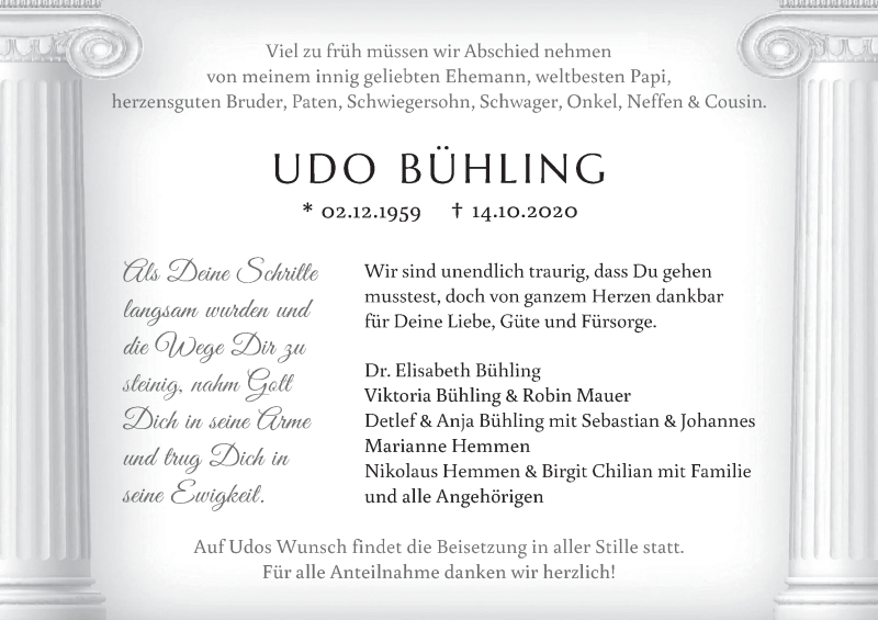  Traueranzeige für Udo Bühling vom 17.10.2020 aus MGO