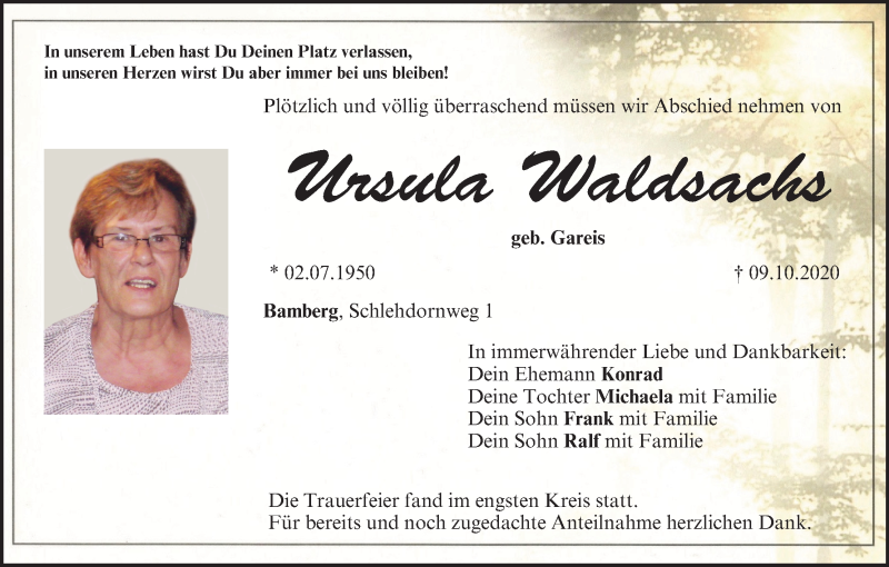  Traueranzeige für Ursula Waldsachs vom 17.10.2020 aus MGO