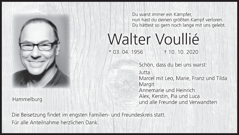  Traueranzeige für Walter Voullie vom 13.10.2020 aus MGO