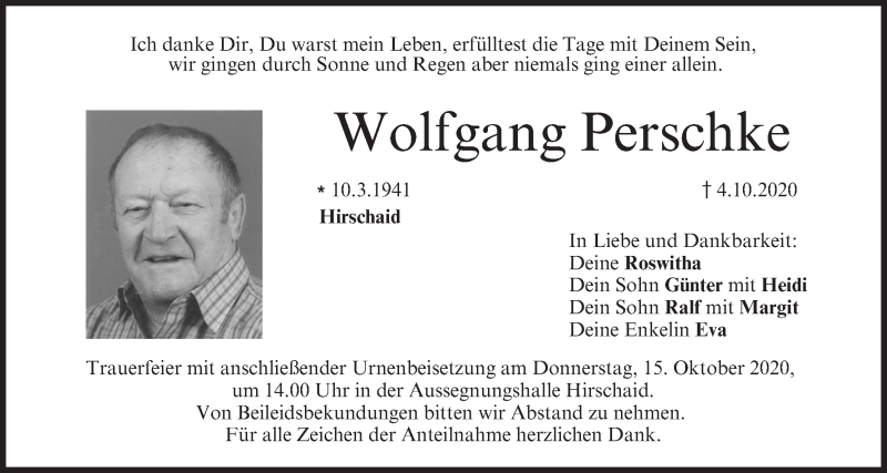  Traueranzeige für Wolfgang Perschke vom 10.10.2020 aus MGO