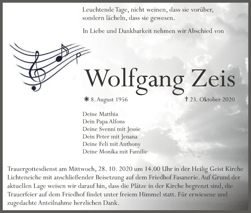  Traueranzeige für Wolfgang Zeis vom 27.10.2020 aus MGO