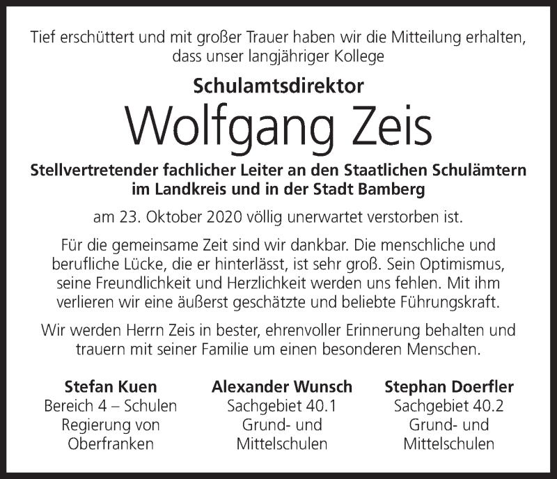  Traueranzeige für Wolfgang Zeis vom 28.10.2020 aus MGO