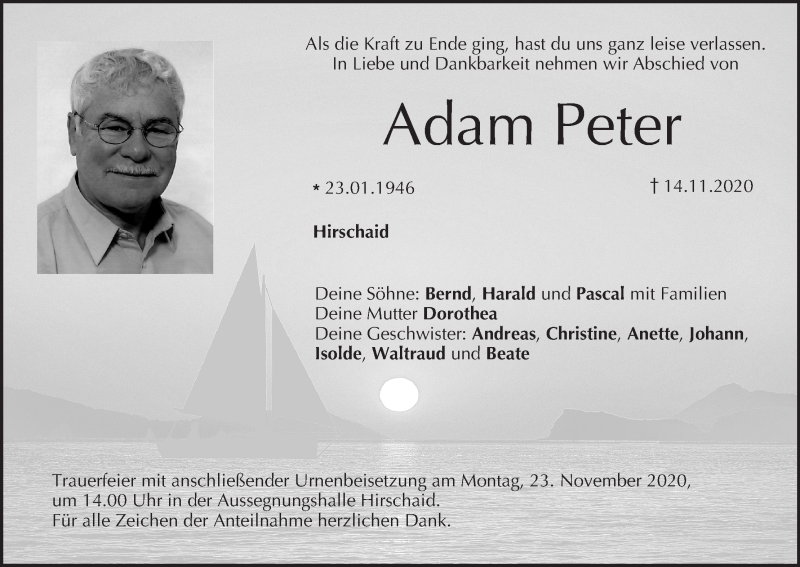  Traueranzeige für Adam Peter vom 20.11.2020 aus MGO