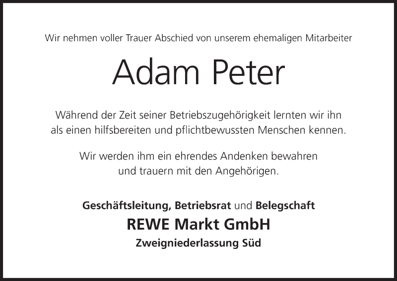  Traueranzeige für Adam Peter vom 21.11.2020 aus MGO