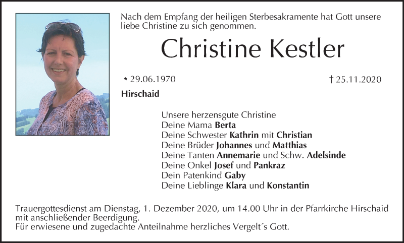  Traueranzeige für Christine Kestler vom 28.11.2020 aus MGO