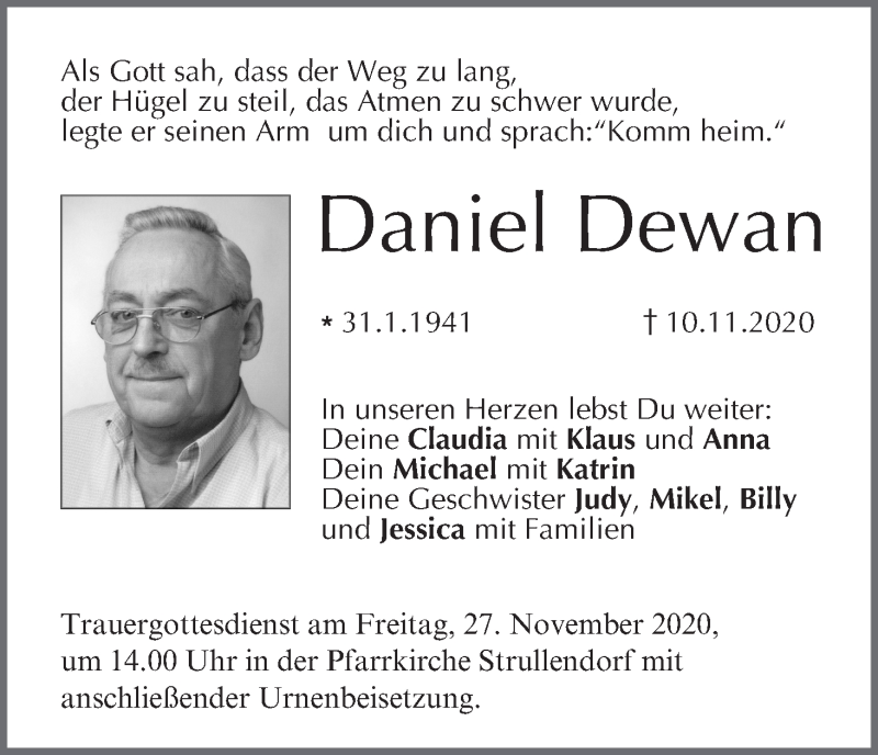  Traueranzeige für Daniel Dewan vom 21.11.2020 aus MGO