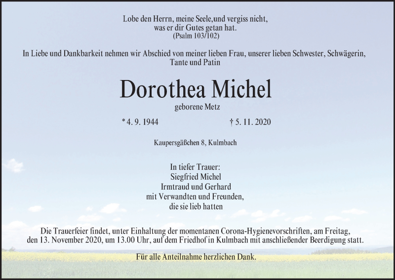  Traueranzeige für Dorothea Michel vom 10.11.2020 aus MGO