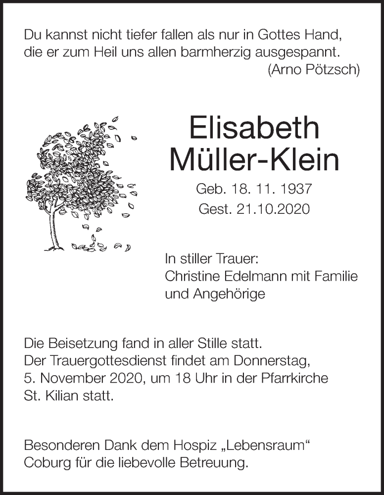  Traueranzeige für Elisabeth Müller-Klein vom 04.11.2020 aus MGO