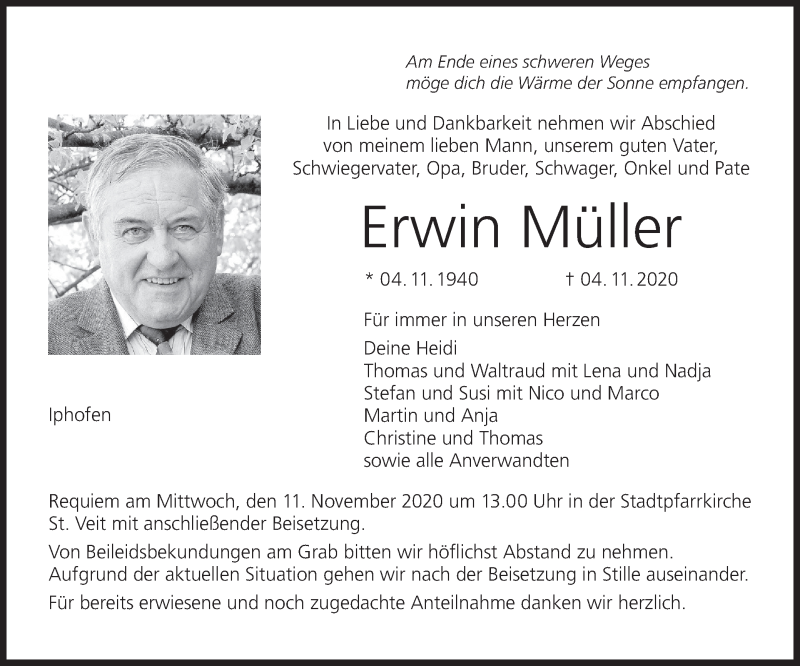  Traueranzeige für Erwin Müller vom 06.11.2020 aus MGO