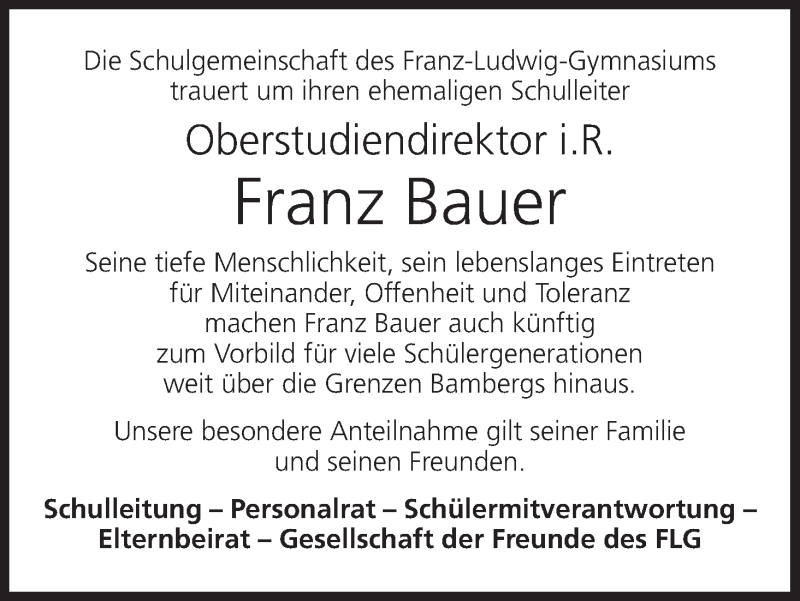  Traueranzeige für Franz Bauer vom 06.11.2020 aus MGO