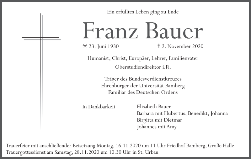 Traueranzeige für Franz Bauer vom 07.11.2020 aus MGO