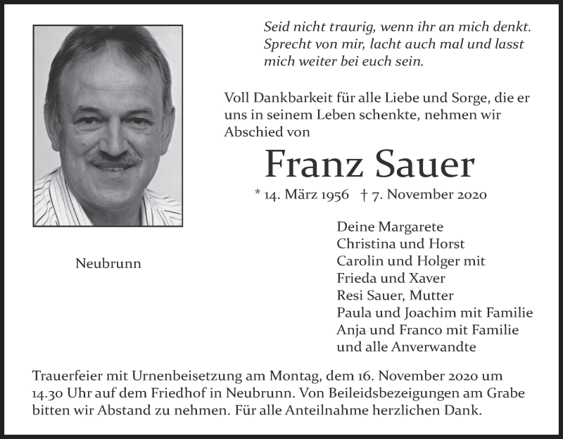  Traueranzeige für Franz Sauer vom 11.11.2020 aus MGO