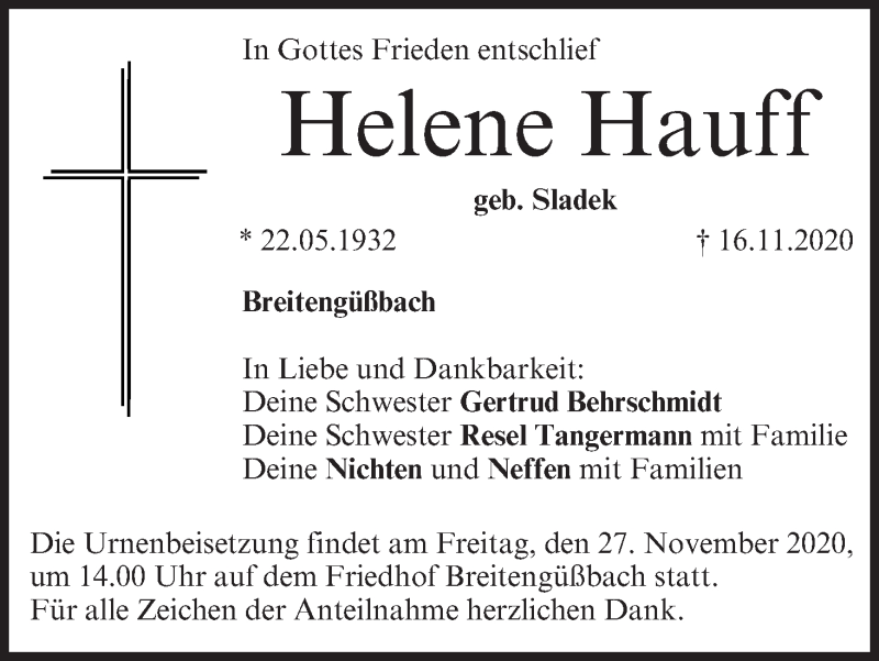  Traueranzeige für Helene Hauff vom 21.11.2020 aus MGO