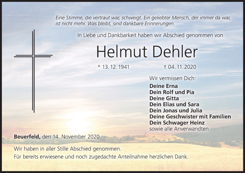  Traueranzeige für Helmut Dehler vom 14.11.2020 aus MGO