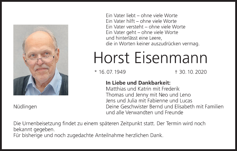 Traueranzeige für Horst Eisenmann vom 03.11.2020 aus MGO