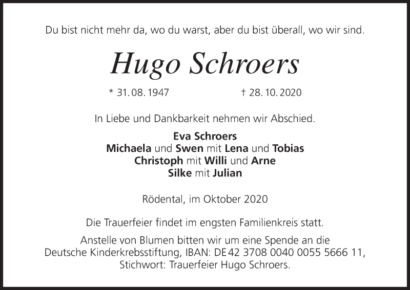  Traueranzeige für Hugo Schroers vom 31.10.2020 aus MGO