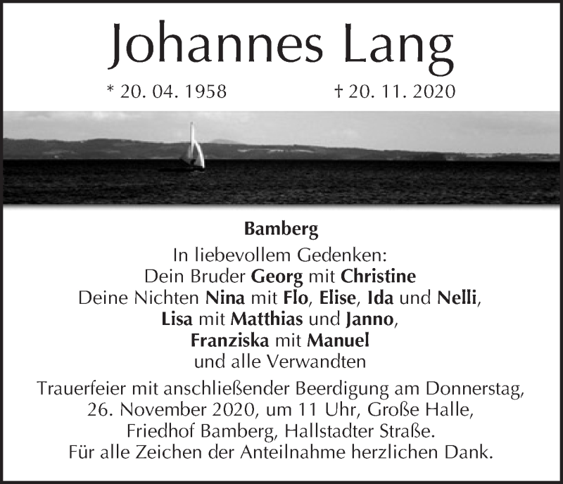  Traueranzeige für Johannes Lang vom 21.11.2020 aus MGO