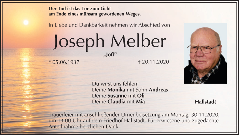  Traueranzeige für Joseph Melber vom 28.11.2020 aus MGO