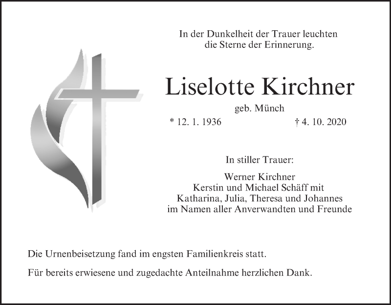  Traueranzeige für Liselotte Kirchner vom 03.11.2020 aus MGO