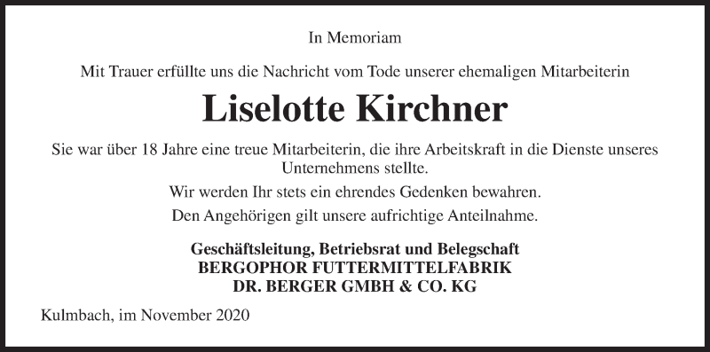  Traueranzeige für Liselotte Kirchner vom 12.11.2020 aus MGO