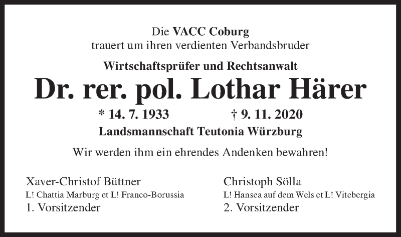  Traueranzeige für Lothar Härer vom 19.11.2020 aus MGO