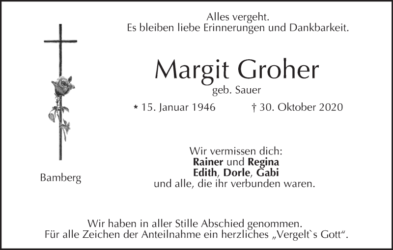  Traueranzeige für Margit Groher vom 14.11.2020 aus MGO