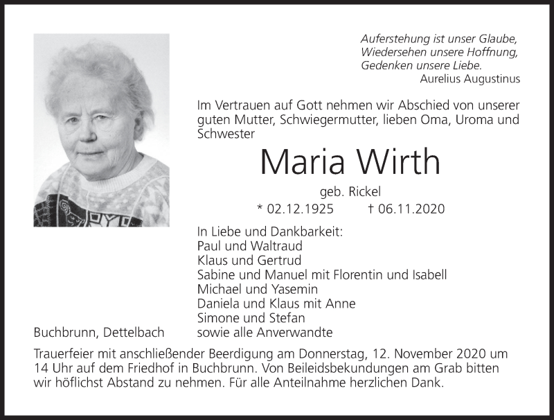  Traueranzeige für Maria Wirth vom 11.11.2020 aus MGO