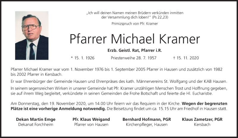  Traueranzeige für Michael Kramer vom 18.11.2020 aus MGO