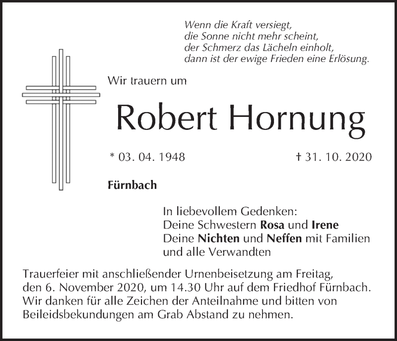  Traueranzeige für Robert Hornung vom 03.11.2020 aus MGO
