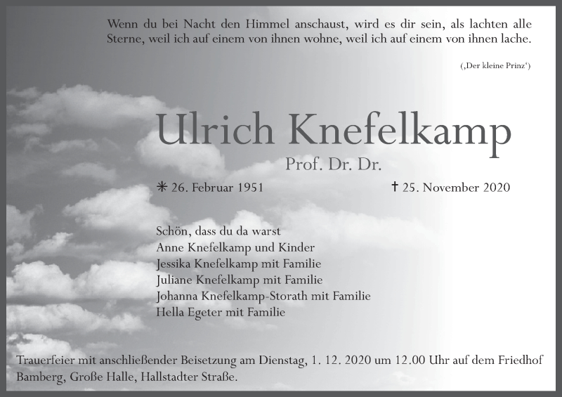  Traueranzeige für Ulrich Knefelkamp vom 28.11.2020 aus MGO