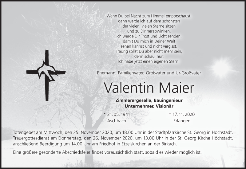  Traueranzeige für Valentin Maier vom 24.11.2020 aus MGO