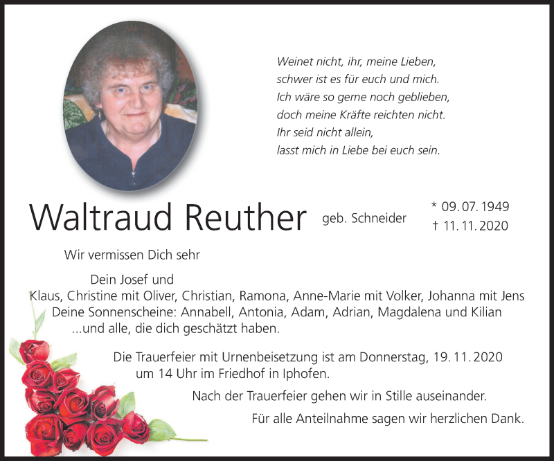  Traueranzeige für Waltraud Reuther vom 14.11.2020 aus MGO