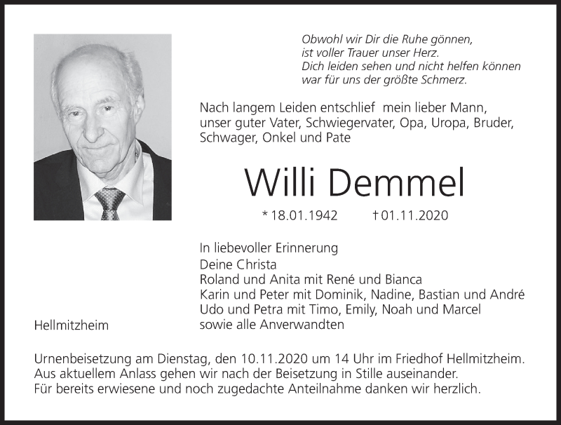 Willi Demmel | Traueranzeige | trauer.inFranken.de