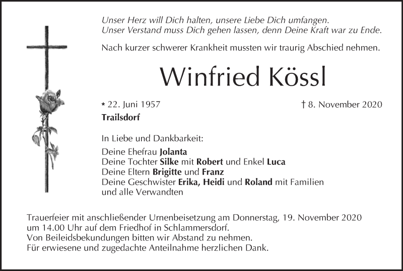  Traueranzeige für Winfried Kössl vom 14.11.2020 aus MGO