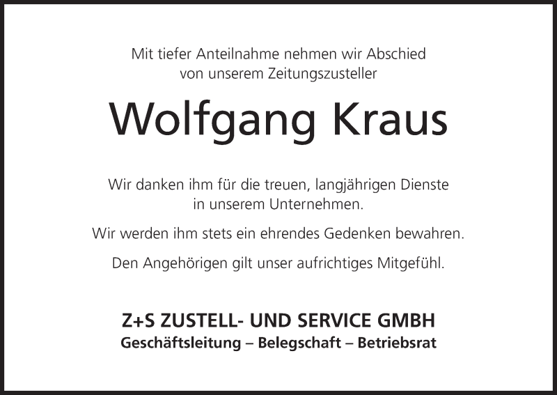  Traueranzeige für Wolfgang Kraus vom 25.11.2020 aus MGO