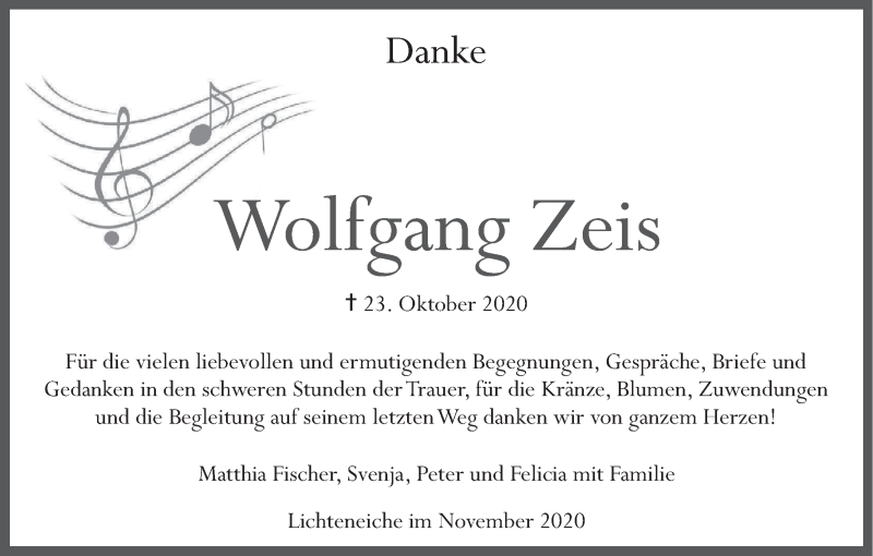  Traueranzeige für Wolfgang Zeis vom 07.11.2020 aus MGO